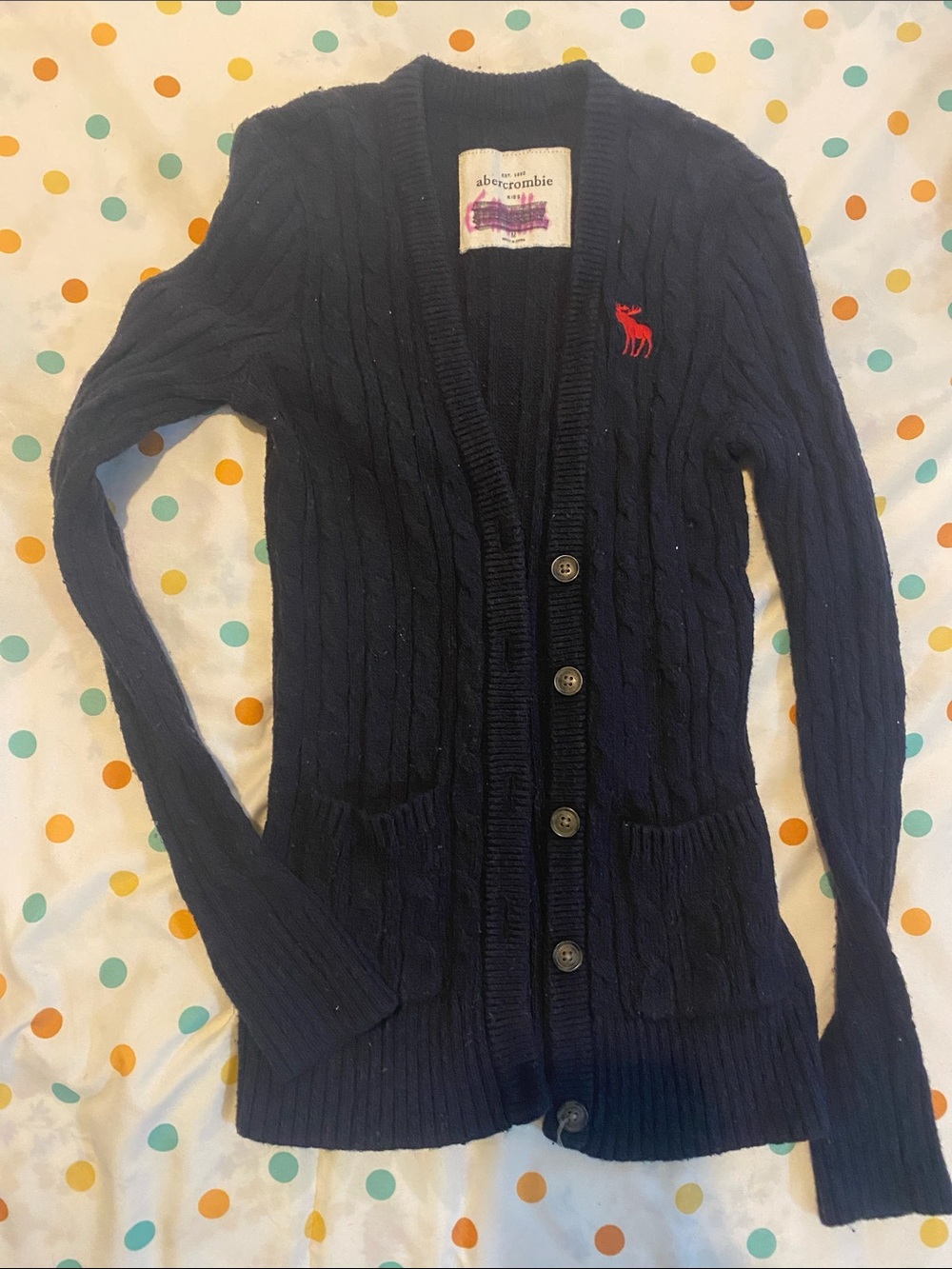 Abercrombie & Fitch Navy Cable-Knit Cardigan with Red Moose Embroidery